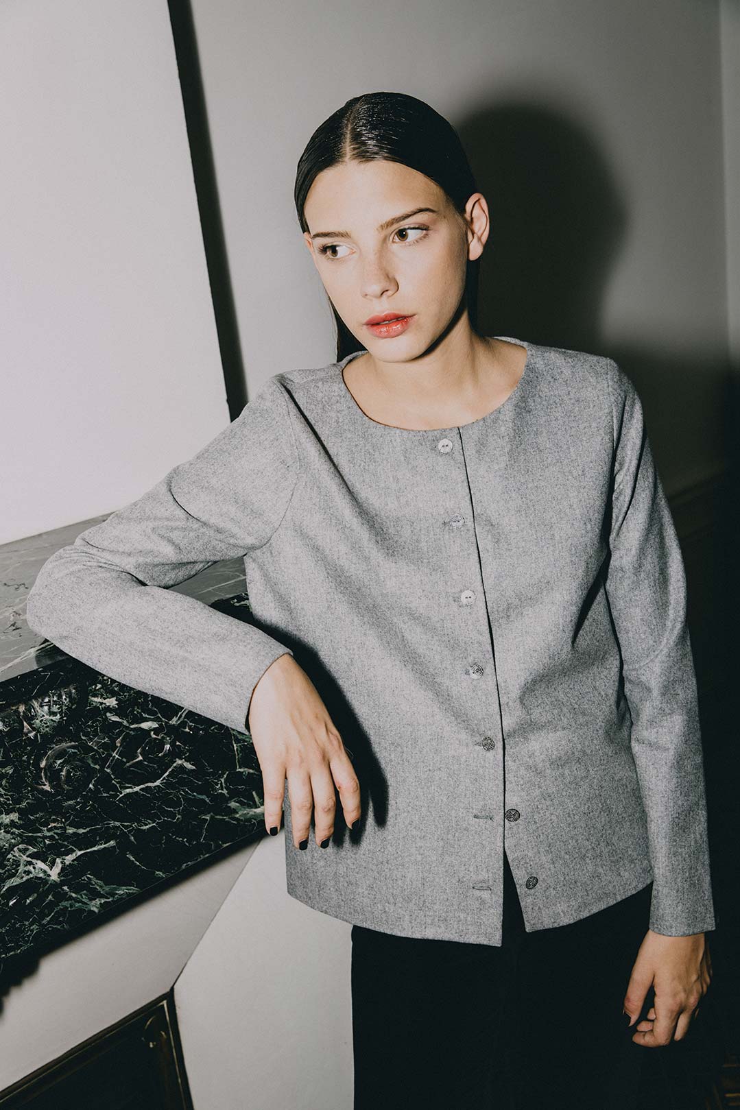 Gilet gris en laine flanelle Laurence