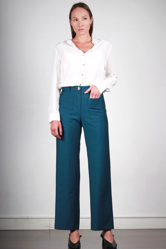 Pantalon ajusté taille haute bleu canard femme