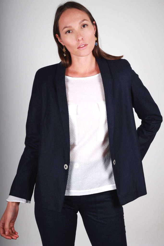 Veste tailleur bleu marine femme en laine flanelle ATODE