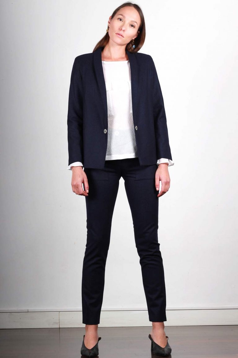 Veste tailleur bleu marine femme en laine flanelle ATODE
