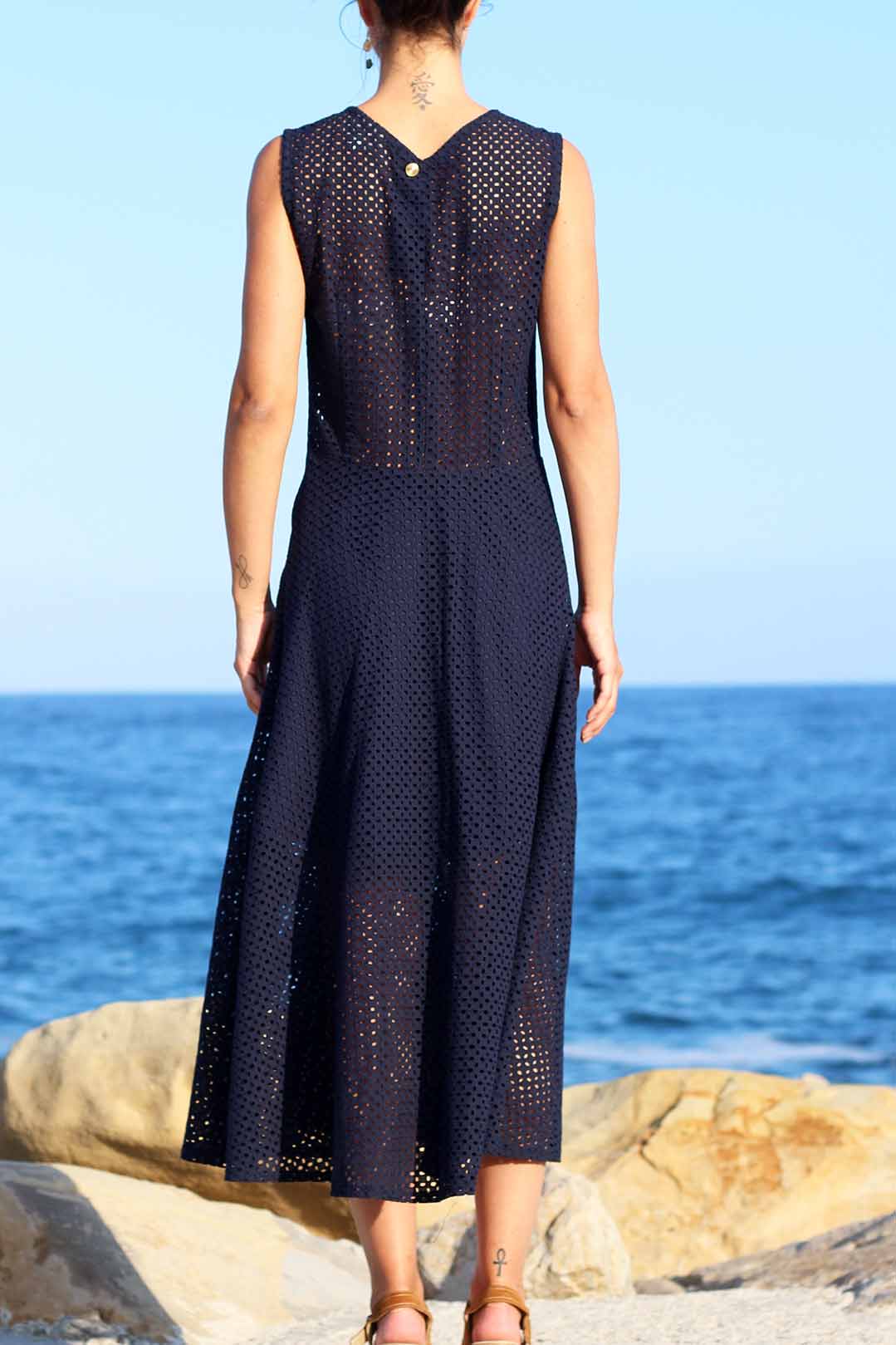 Robe patineuse dentelle mi longue en coton bleu marine Louise ATODE