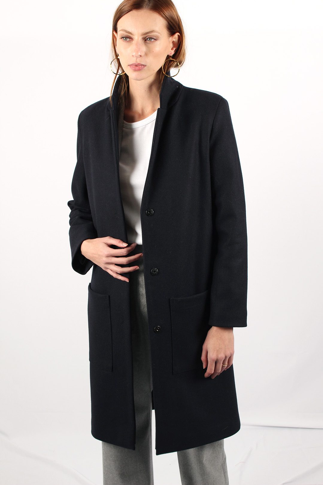 manteau long laine bleu marine