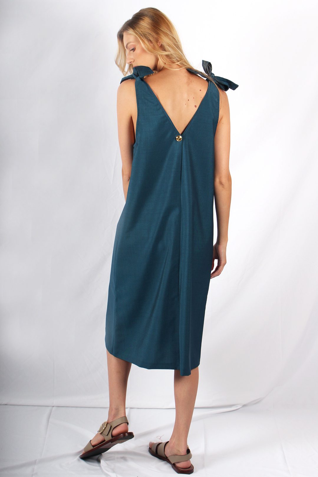 Robe chic bleu canard mi longue avec noeuds Ingrid ATODE