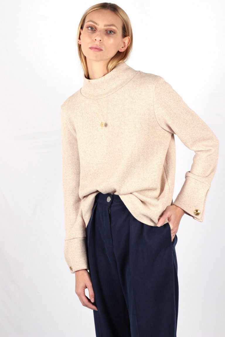 Pull beige col cheminé en coton recyclé Anne-Laure ATODE