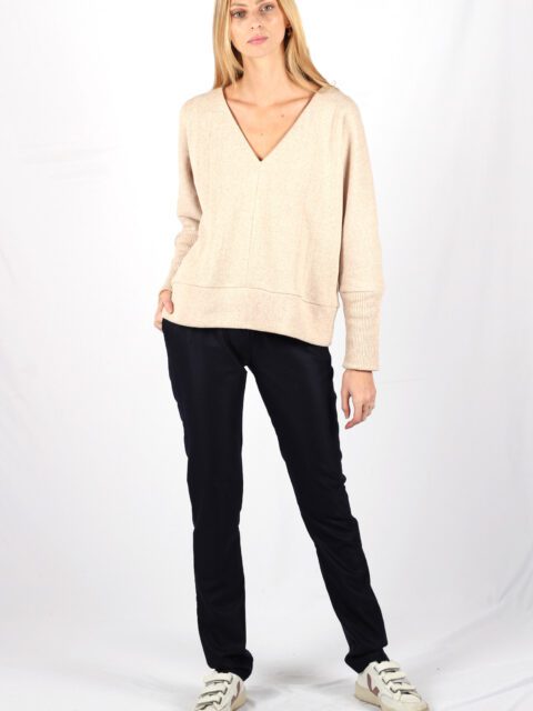 Pull beige femme col V en coton fabrique en France ATODE