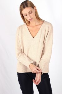 Pull beige femme col V en coton Edith ATODE