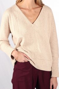 Pull beige femme col V en coton Edith ATODE