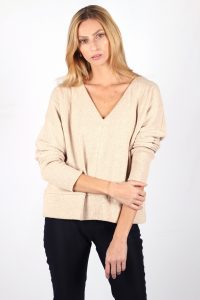 Pull beige femme col V en coton Edith ATODE