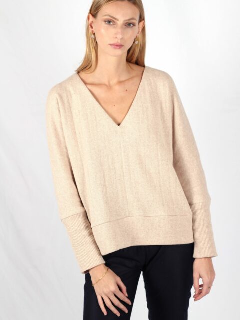 Pull beige femme col V en coton Edith ATODE