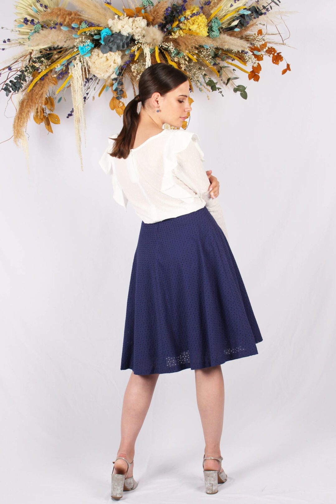 jupe dentelle midi en coton bleu marine Elsa ATODE