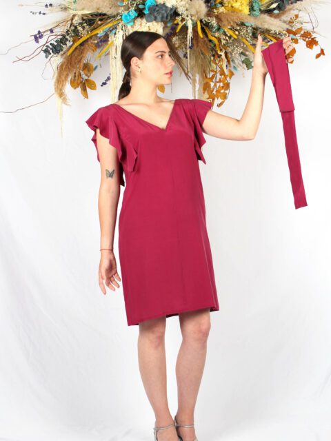 robe en soie framboise à volants Audrey ATODE