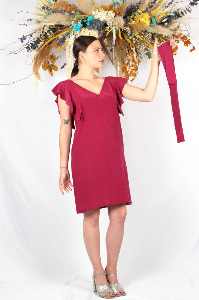 robe en soie framboise à volants Audrey ATODE