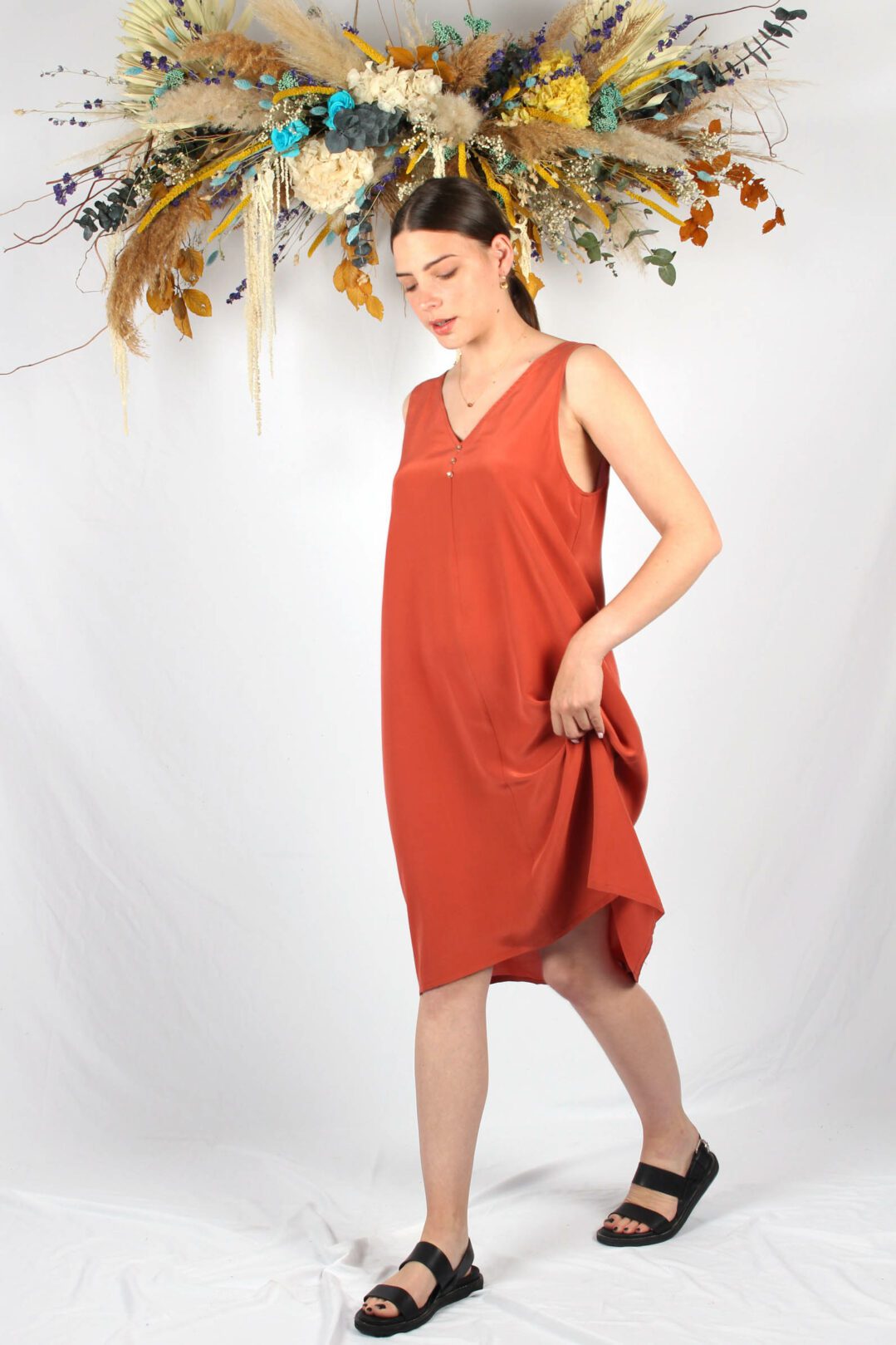 robe en soie terracotta mi longue Coralie ATODE