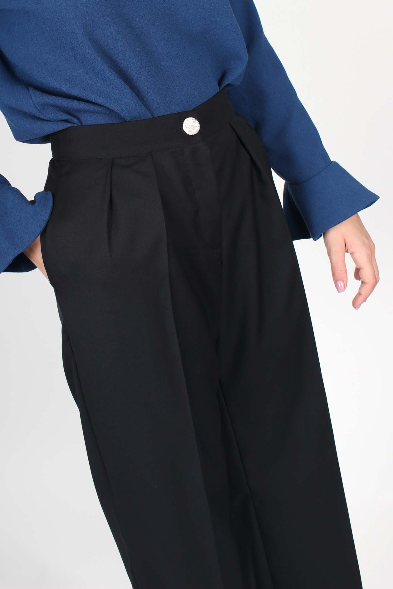 Pantalon large femme taille haute en laine noire ATODE