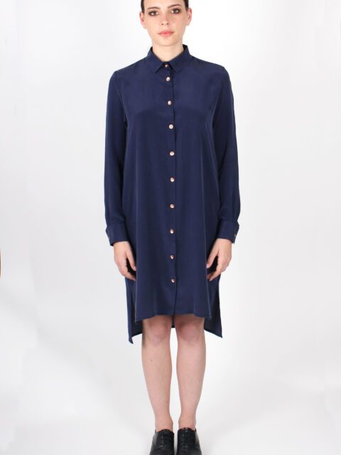 Robe chemise bleu marine en soie lavée Coline ATODE