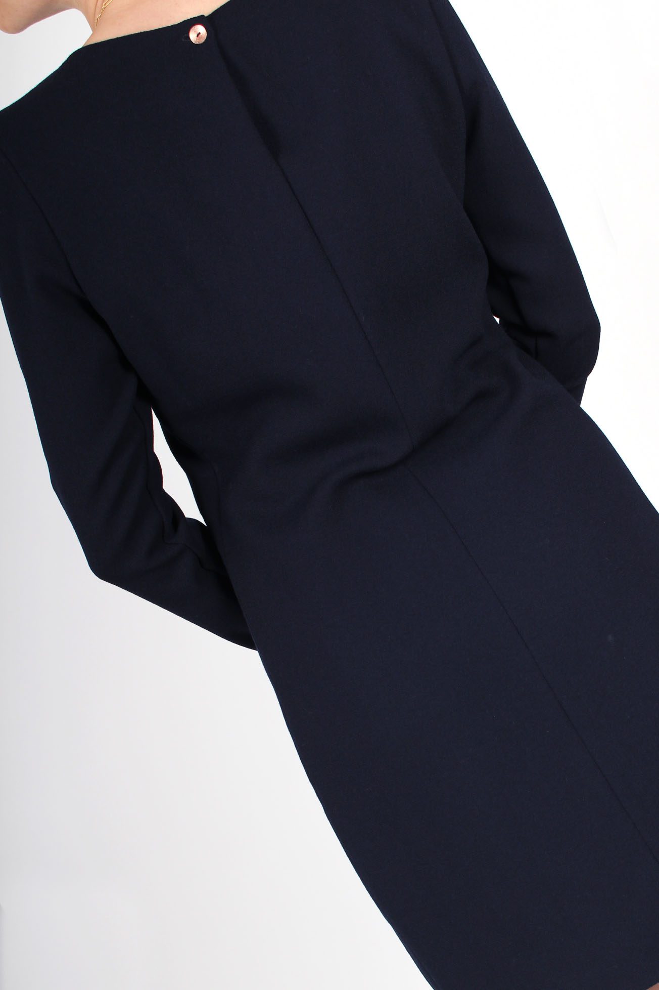 Robe cintree bleue marine en crepe de laine femme chic ATODE
