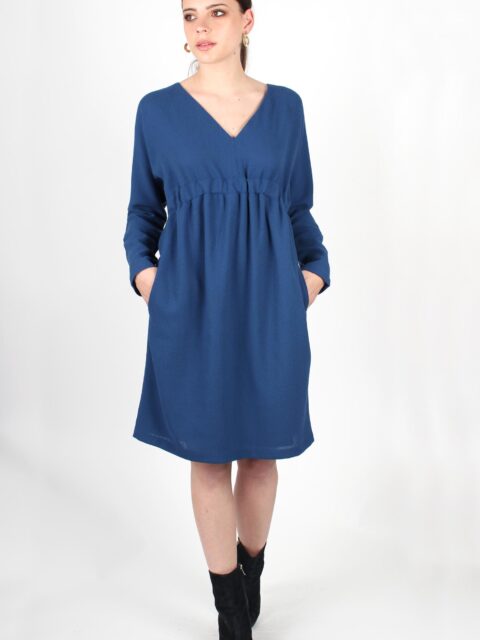Robe empire bleu pétrole en crêpe de laine Amandine ATODE