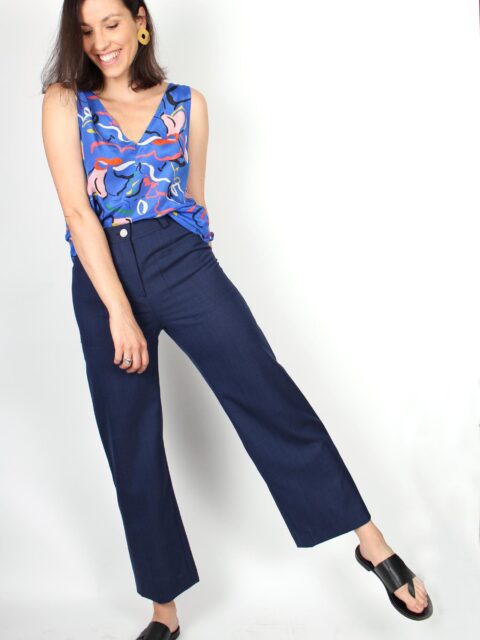 Pantalon taille haute 7:8 bleu jean laine froide Marie ATODE