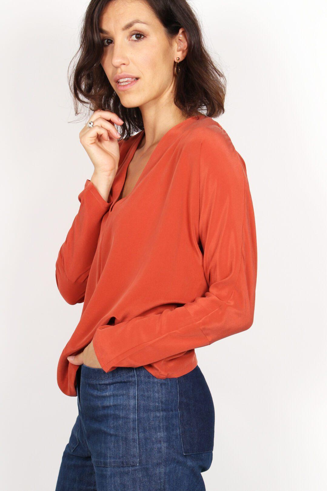 blouse terracotta en soie lavée Edith ATODE Made in France
