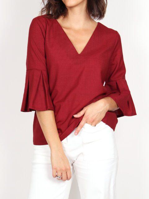 top chic à volants en laine froide rouge atode Made in France