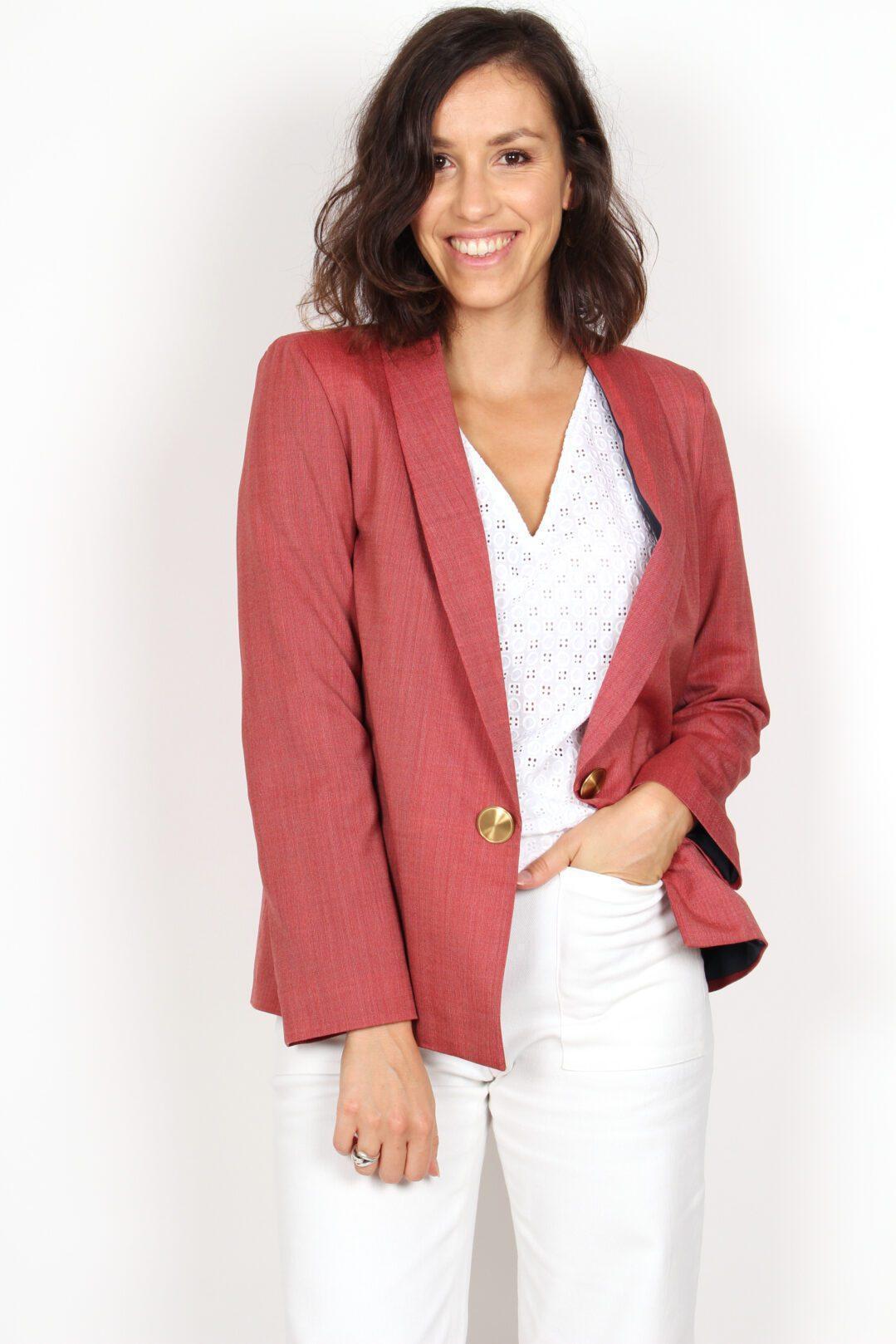 veste de tailleur femme corail en laine froide Marie-Anne ATODE Made in France