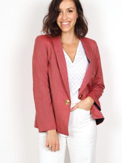 veste de tailleur femme corail en laine froide Marie-Anne ATODE Made in France