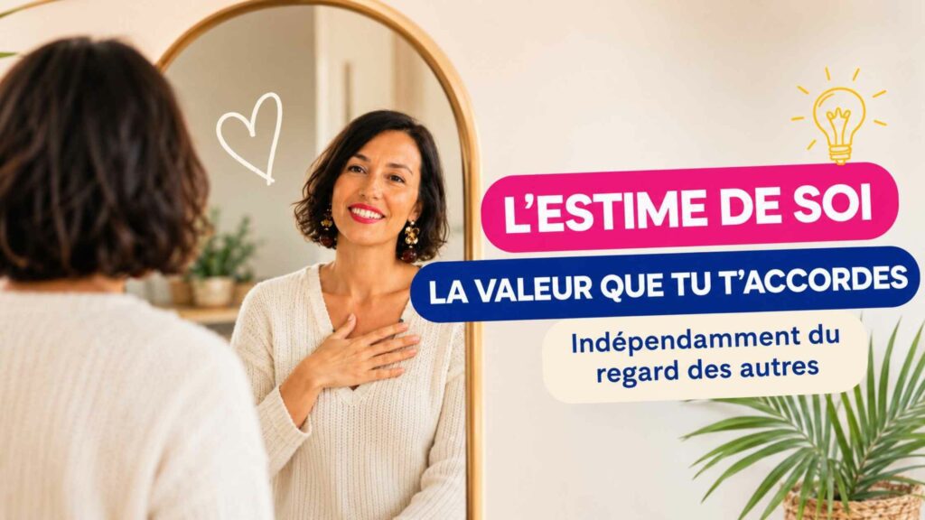 Définition de l’estime de soi : femme se regardant avec bienveillance dans un miroir
