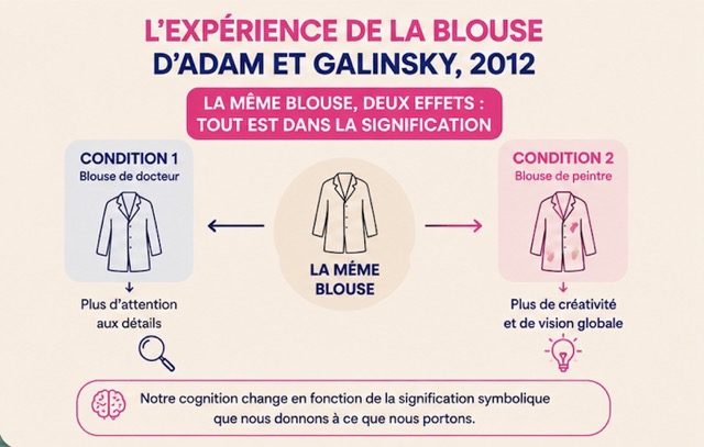 Schéma de l’expérience de la blouse d’Adam et Galinsky 2012